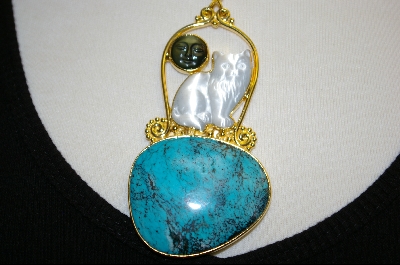 +MBA #S19-1073  "22K Vermeil Fiber Optic Cat, Turquoise & Rainbow Obsidian Pendant