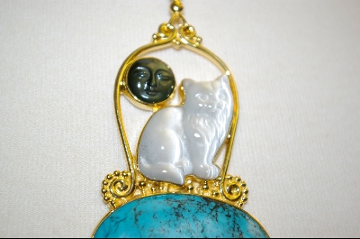+MBA #S19-1073  "22K Vermeil Fiber Optic Cat, Turquoise & Rainbow Obsidian Pendant