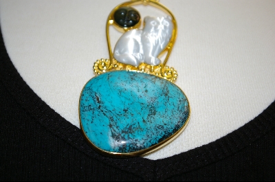 +MBA #S19-1073  "22K Vermeil Fiber Optic Cat, Turquoise & Rainbow Obsidian Pendant