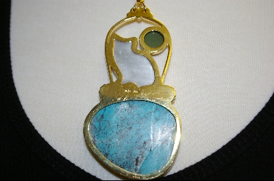 +MBA #S19-1073  "22K Vermeil Fiber Optic Cat, Turquoise & Rainbow Obsidian Pendant