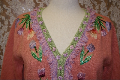 +MBA #7998  "StoryBook Knits Limited Edition Peach Floral Fringed Sweater
