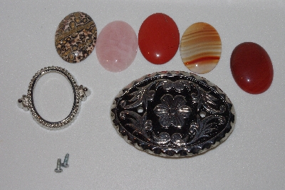 +MBAMG #79-136  "1980's Silvertone Buckle With Enamel Trim & 5  50x40 Gemstones"