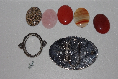 +MBAMG #79-136  "1980's Silvertone Buckle With Enamel Trim & 5  50x40 Gemstones"