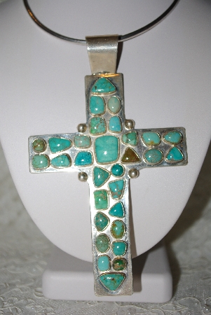 +MBATQ #1-1002  Atist "RL"  Signed Large Turquoise Cross Pendant"