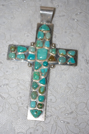 +MBATQ #1-1002  Atist "RL"  Signed Large Turquoise Cross Pendant"