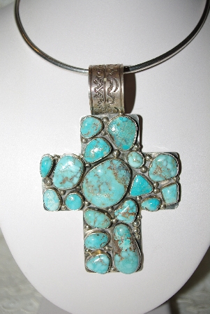 +MBATQ #1-1029  "Large Artist "T.S." Signed Blue Turquoise Cross Pendant"