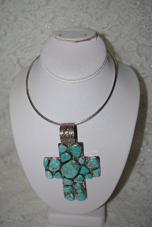 +MBATQ #1-1029  "Large Artist "T.S." Signed Blue Turquoise Cross Pendant"