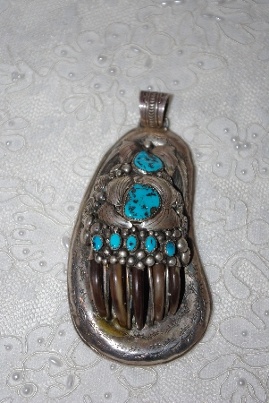+MBATQ #1-1043  "Artist "ES Elaine Sam" Signed Fancy Blue Turquoise & Bear Claw Pendant"