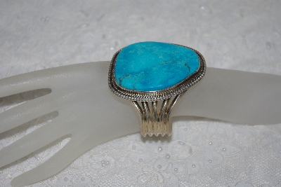 +MBATQ #1-1082  "Artist "Bear Hallmark" Stamped Fancy Blue Turquoise Cuff Bracelet"