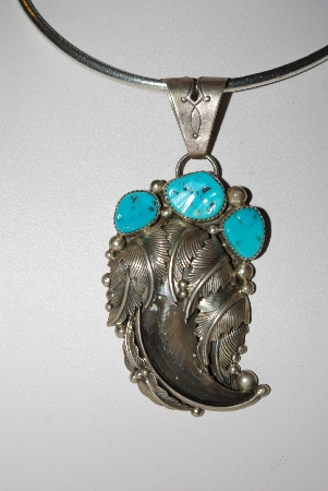 +MBATQ #1-1114  "Artist "EJ" David" Signed Blue Turquoise & Bear Claw Pendant"