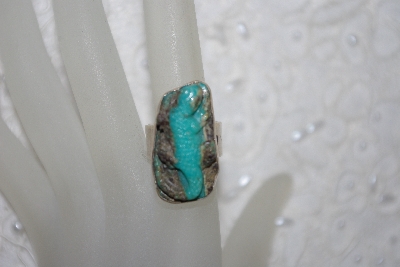 +MBATQ #1-1158  "Artist  "KH"  Signed Fancy Carved Blue Turquoise Lizzard Ring"