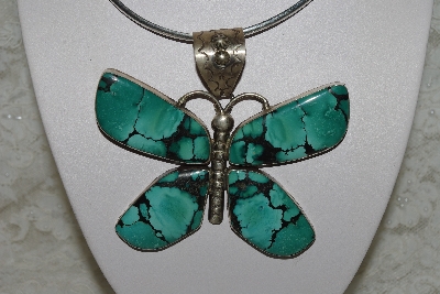 +MBATQ #2-027  "Artist  "Gary G."  Signed Beautiful Green Turquoise Butterfly Pendant"