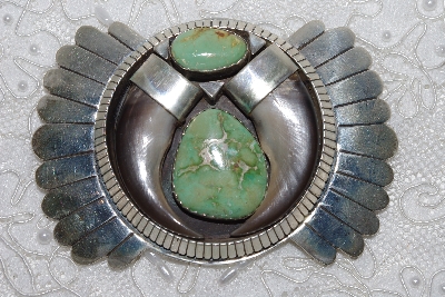 +MBATQ #2-038  "Fancy Artist Signed Green Turquoise & Bear Claw Belt Buckle"