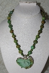 +MBATQ #2-043  "Artist "KH"  Signed Green Turquoise Bead Necklace With Hand Carved Lizzard Pendant"