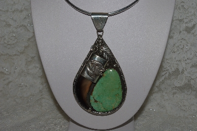 +MBATQ #2-080  "Large Fancy Artist "BASS" Signed Green Turquoise & Bear Claw Pendant"