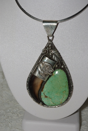+MBATQ #2-080  "Large Fancy Artist "BASS" Signed Green Turquoise & Bear Claw Pendant"