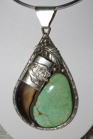 +MBATQ #2-080  "Large Fancy Artist "BASS" Signed Green Turquoise & Bear Claw Pendant"