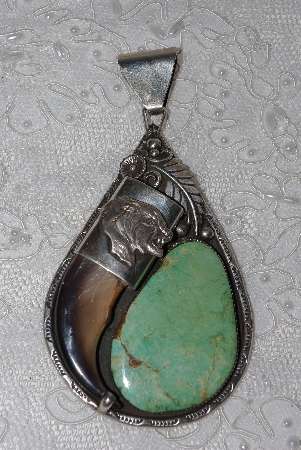 +MBATQ #2-080  "Large Fancy Artist "BASS" Signed Green Turquoise & Bear Claw Pendant"
