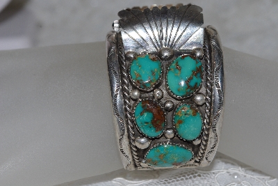 +MBATQ #2-090  "Large Artist "Bear Hallmark With FF Inside It"  Signed Green Turquoise Cuff Style Watch"
