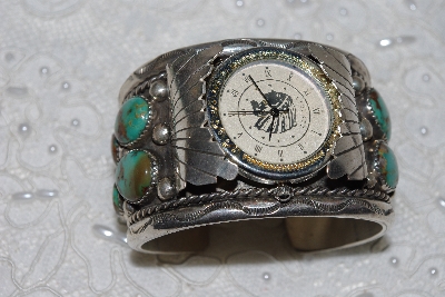 +MBATQ #2-090  "Large Artist "Bear Hallmark With FF Inside It"  Signed Green Turquoise Cuff Style Watch"