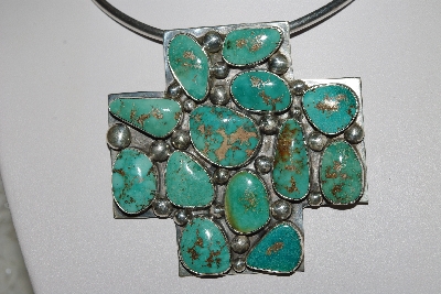 +MBATQ #3-002  "Fancy Artist "DEU David Umpleby"  Signed Green Turquoise Cross Pendant"