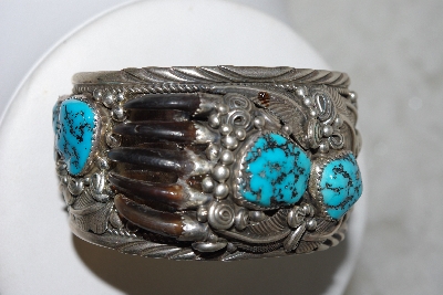 +MBATQ #3-032  "Artist  "EJ"  Signed Fancy Badger Claw & Blue Turquoise Cuff Bracelet"
