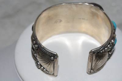 +MBATQ #3-032  "Artist  "EJ"  Signed Fancy Badger Claw & Blue Turquoise Cuff Bracelet"