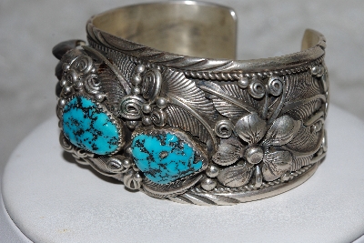 +MBATQ #3-032  "Artist  "EJ"  Signed Fancy Badger Claw & Blue Turquoise Cuff Bracelet"