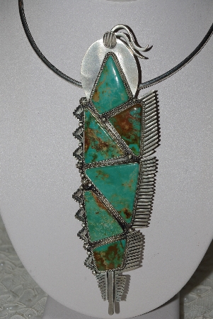 +MBATQ #3-107  "Beautiful Large Artist "Randy Boyd"  Signed Green Turquoise Feather Pin/Pendant"