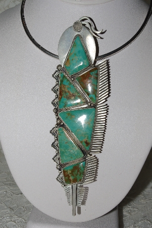 +MBATQ #3-107  "Beautiful Large Artist "Randy Boyd"  Signed Green Turquoise Feather Pin/Pendant"