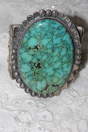 +MBATQ #3-176  "Large Artist "TN" Thomas Nez  Signed Fancy Green Turquoise Cuff Bracelet"