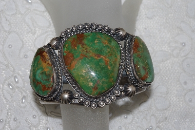 +MBATQ # 3-239  "Large Artist "TN"  Signed 3 Stone Green Turquoise Cuff Bracelet"