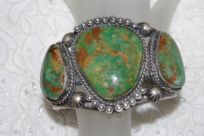+MBATQ # 3-239  "Large Artist "TN"  Signed 3 Stone Green Turquoise Cuff Bracelet"