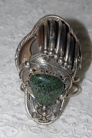 +MBATQ #3-216  "Fancy Artist "M Tsosie"  Signed Green Turquoise & Bear Claw Cuff Bracelet"