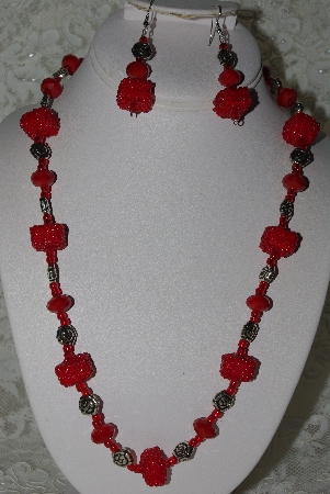 +MBAHB #27-264  "One Of A Kind Red Bead & German Silver Flower Bead Necklace & Earring Set"
