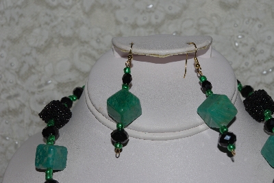 +MBAHB #27-259  "One Of A King Black Crystal,Green Gemstone & Hand Made Bead Necklace & Earring Set"