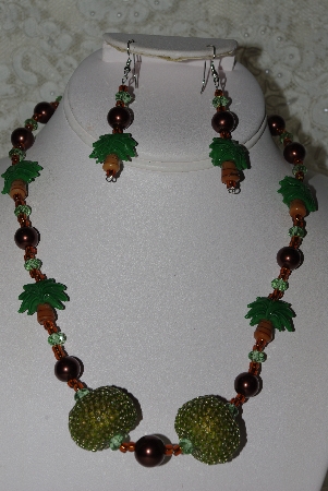 +MBAHB #27-249  "One Of A Kind Art Glass Palm Trees,Brown Glass Pearls,Green Crystal & Green Seed Bead Cluster Necklace & Matching Earring Set"
