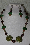 +MBAHB #27-249  "One Of A Kind Art Glass Palm Trees,Brown Glass Pearls,Green Crystal & Green Seed Bead Cluster Necklace & Matching Earring Set"