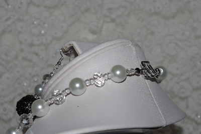 +MBAHB #27-239  "One Of A Kind White Glass Pearl, Faceted Clear Crystal & Black Glass Seed Bead Cluster Necklace & Earring Set"