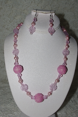+MBAHB #27-217  "One Of A Kind Pink Glass Flower Bead,Pink Crystal,Pink Glass Pearl & Pink Glass Seed Bead Culuter Bead Necklace & Earring Set"