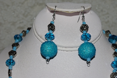 +MBAHB #27-212  "One Of A Kind German Silver Flowers,Blue Crystal & Seed Bead Cluster Necklace & Earring Set"