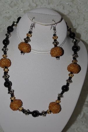 +MBAHB #27-162  One Of A Kind Black & Gold Bead Necklace & Earring Set"