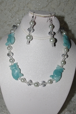 +MBAHB #27-187  "One Of A Kind Crystal,Glass Pearl & Hand Carved Owl Gemstone Bead Necklace & Earring Set"