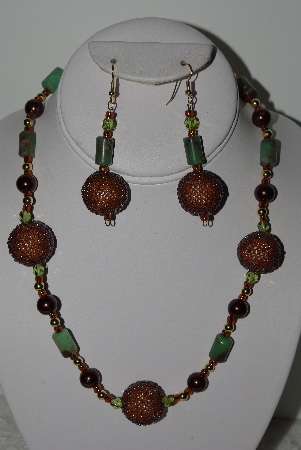 +MBAHB #003-053  "One Of A Kind Brown Bead & Green Gemstone Necklace & Earring Set"