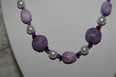 +MBAHB #003-146  "One Of A Kind Purple Bead,Howlite & White Glass Pearl Necklace & Earring Set"