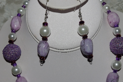 +MBAHB #003-146  "One Of A Kind Purple Bead,Howlite & White Glass Pearl Necklace & Earring Set"