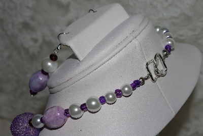 +MBAHB #003-146  "One Of A Kind Purple Bead,Howlite & White Glass Pearl Necklace & Earring Set"