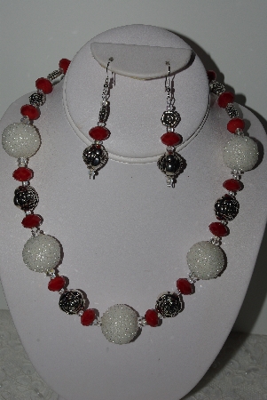 +MBAHB #003-151  "One Of A Kind White, Red Crystal & German Silver Necklace & Earring Set"