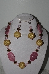 +MBAHB #003-172  "One Of A Kind Gold,Pink,Crystal & Rhodocrosite Bead Necklace & Earring Set"