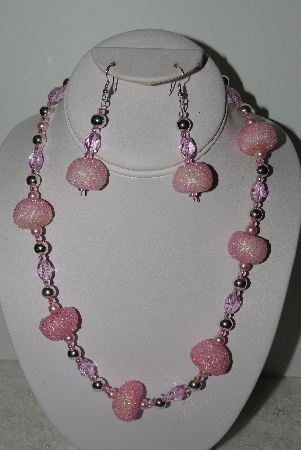 +MBAHB #003-237  One Of A Kind Pink Bead Necklace & Earring Set"